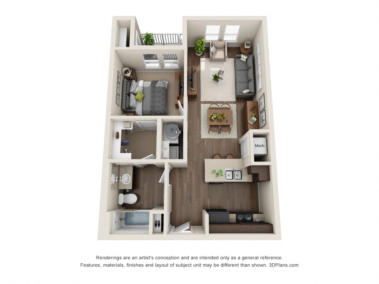 Floor plan for 1 bed, 1 bath, 659 sqft